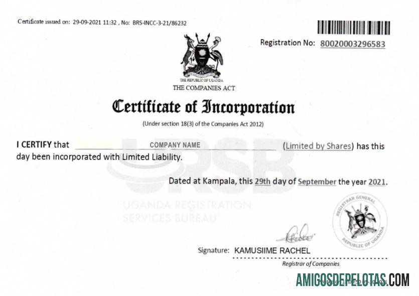Uganda Certificate Of Incorporation amostra